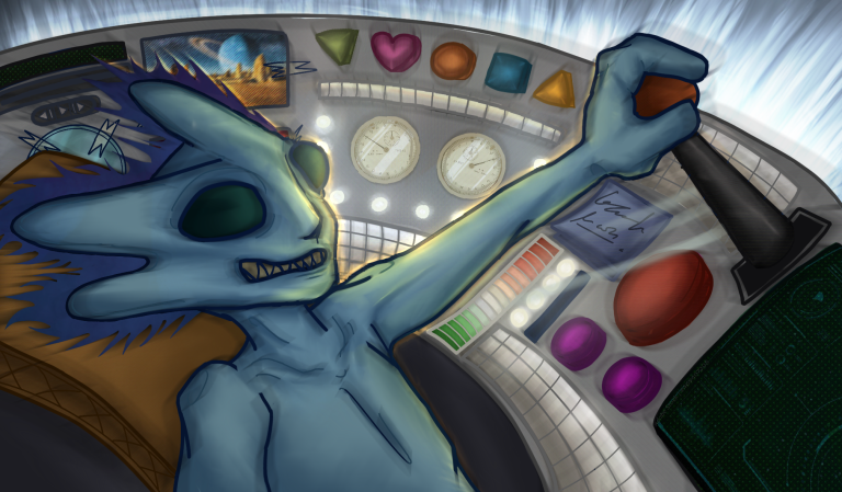 BA Games Art & Design work by Eva Papaeliopoulos showing a digital art piece of an alien piloting a spaceship, from their game ‘Humanoid’.