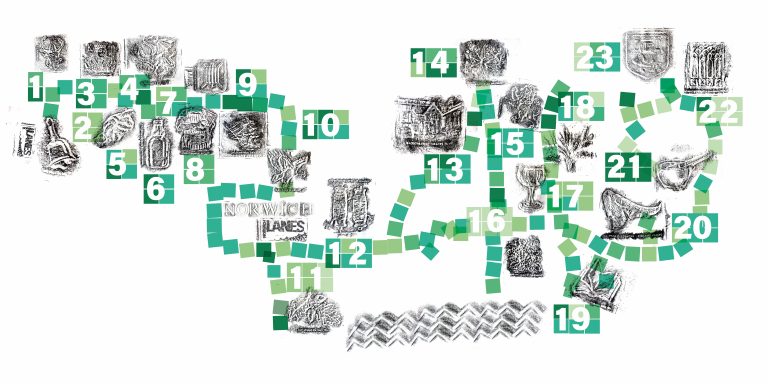A map of the Norwich Lanes with each street shown through a plaque rubbing, surrounded with small turquoise squares leading you to the next. For example Madder Market and Corn Exchange, further along streets of Weavers and Butchers.