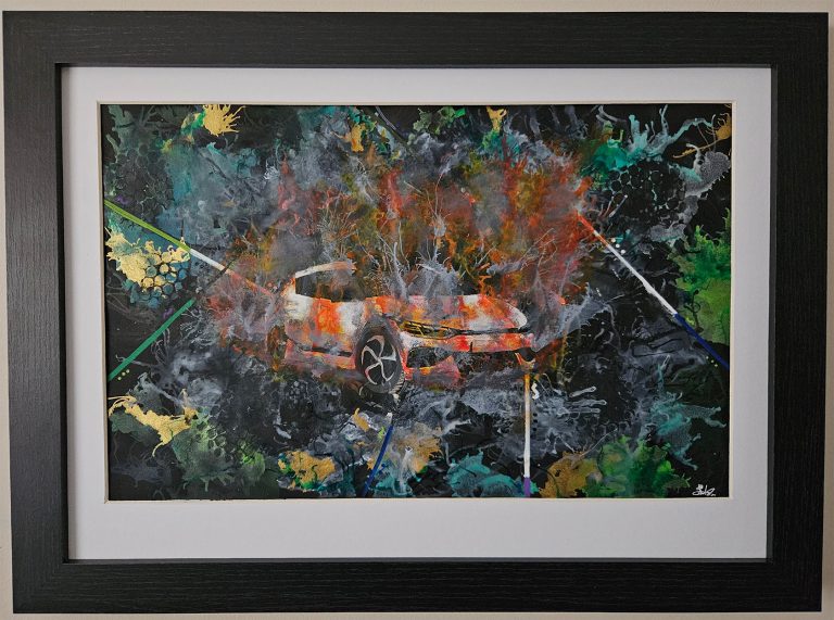 Fine art painting by Niamh Thompson depicts a small white electric car on fire with a abstract background that is colourful around the outside and monotone in the center .