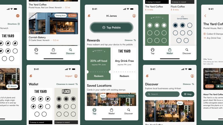 A grid of mobile device frames displaying screenshots of various features from James Hopper's digital loyalty app, Artisan.