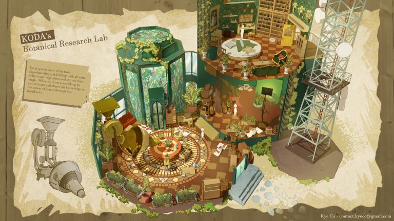 Environment concept design by Kye Co showing a greehouse botanical lab with streaming equipment