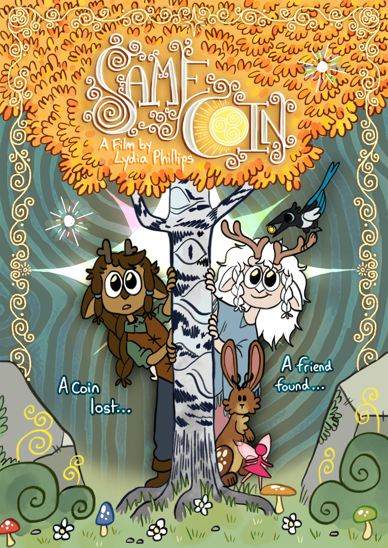 Poster for animated short film "Same Coin" by Lydia Phillips showing mythological creatures in a magical forest.