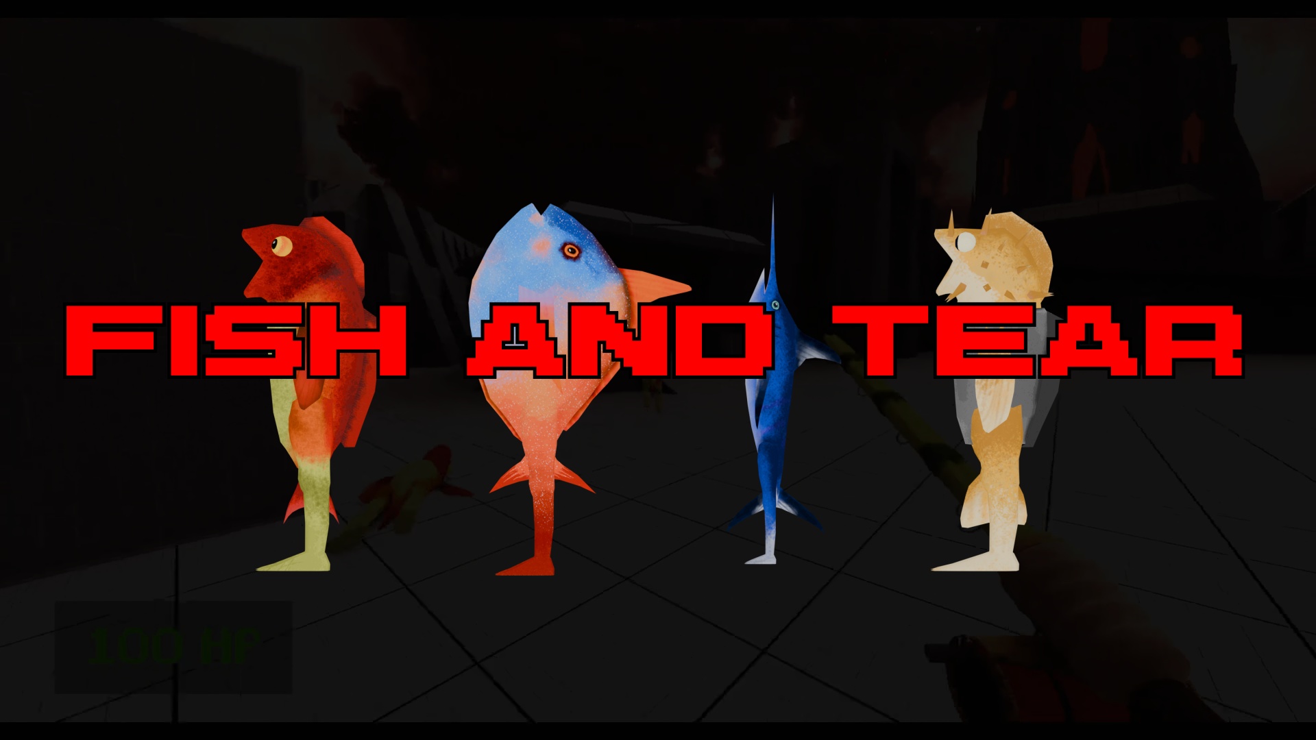 A short trailer-style video depicting gameplay of a boomer-shooter style game with fish enemies & fishing rod weapons