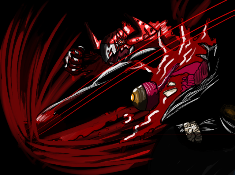 Digital art by Morgan Wright using primarily reds and blacks to contrast the drawing showcasing the emotion of rage