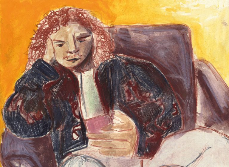 Traditional observational drawing of a person on their phone using bright and expressive textural marks