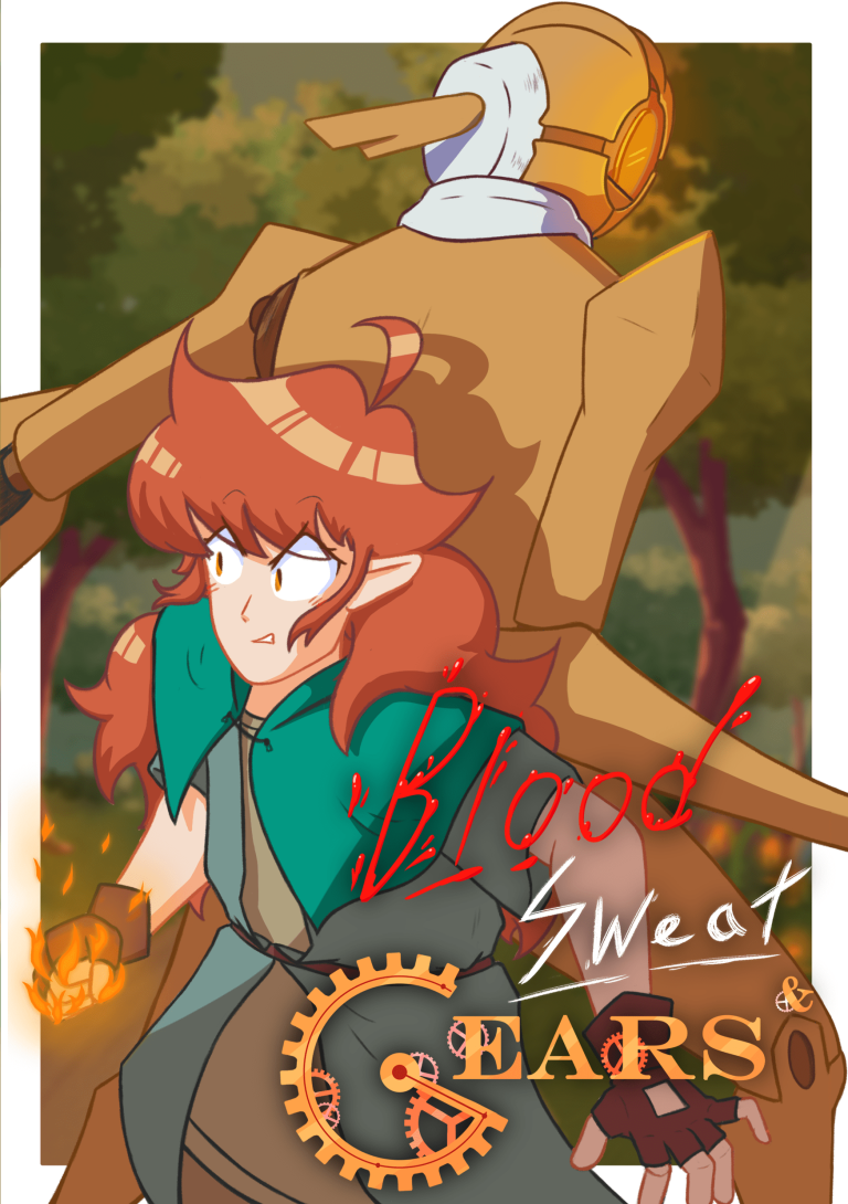 A poster featuring a red haired girl and a brass robot, back to back in a defensive stance. Overlaid are the words "Blood, Sweat & Gears"