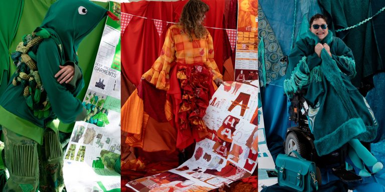 images lined up next to eachother one green,read and teal all being worn and make or disabled people
