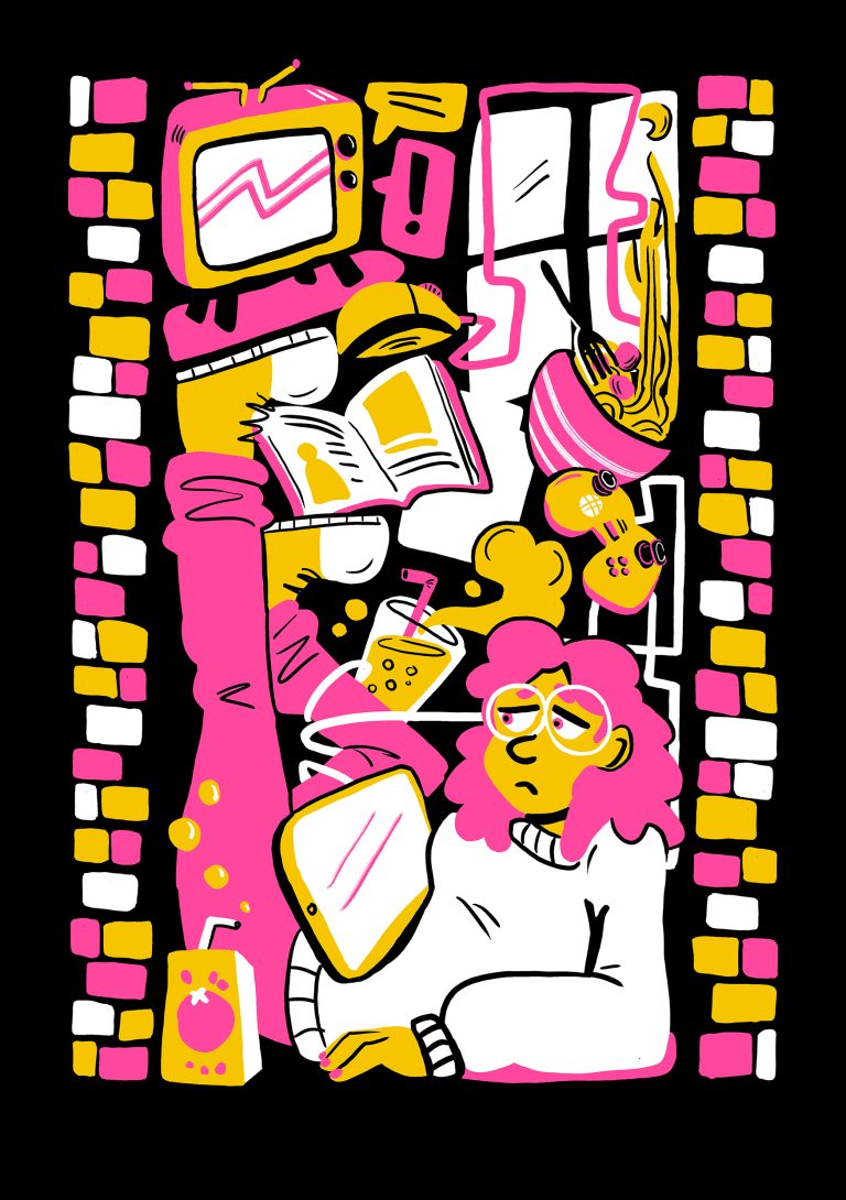 BA Illustration work by Georgia Bell, showing a woman surrounded by different objects from her room.