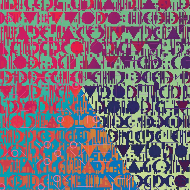 BA Design for Publishing work by Kirsten Miller showing overlapping fonts made from geometric shapes using vivid colours.