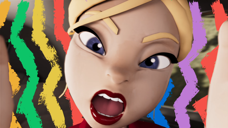 Screenshot of animation by Kayleigh Betts showing the main character grabbing the camera