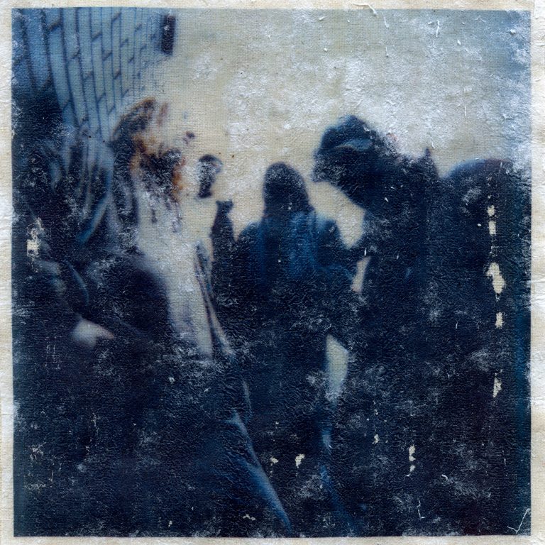BA Photography work by Will Smith showing a textured, blue-cast portrait of 4 people on a staircase.