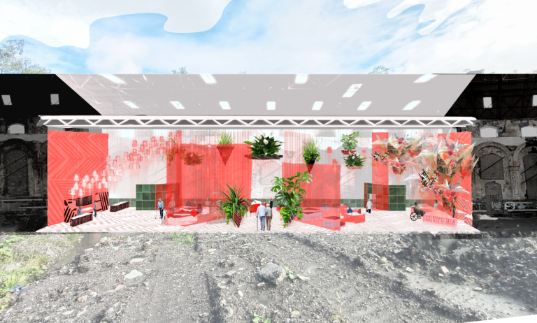 The design insertion of the Enhancement center within the original canvas of Penallta Colliery as a colourful collage render.