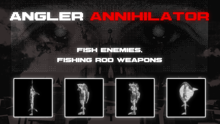 An image depicting the game title "angler annihilator" with a tag line and images of humanoid fish