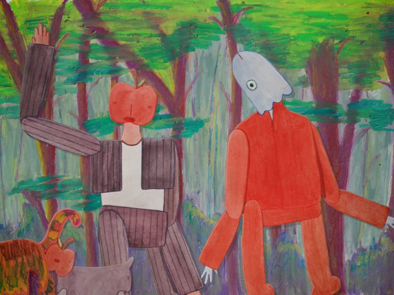 Still from film Blundering On by Luna Baldwin, two puppets wave and a dog in the bottom corner sniffs a mystery bum.