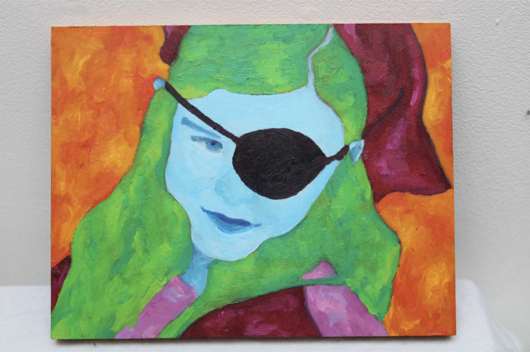 A colourful oil painting showing a young girl wearing an eye patch. The background is painted vibrant reds, yellows and oranges. Her skin is blue, her hair green and her clothes pink.
