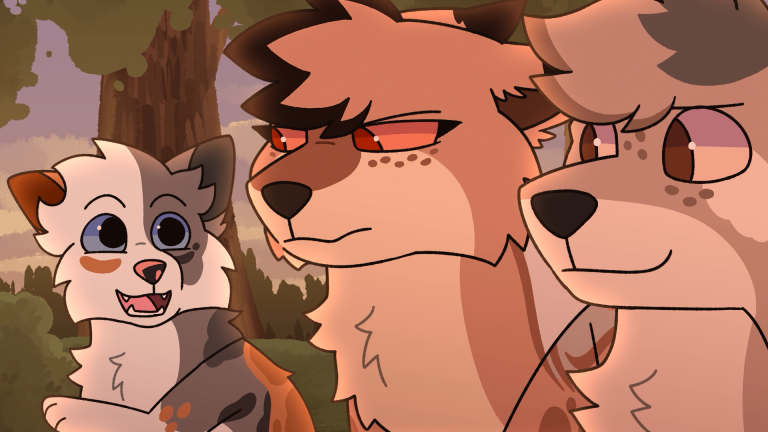 A still frame from an 2D animated short film by Sydney Marshall featuring three canine characters.