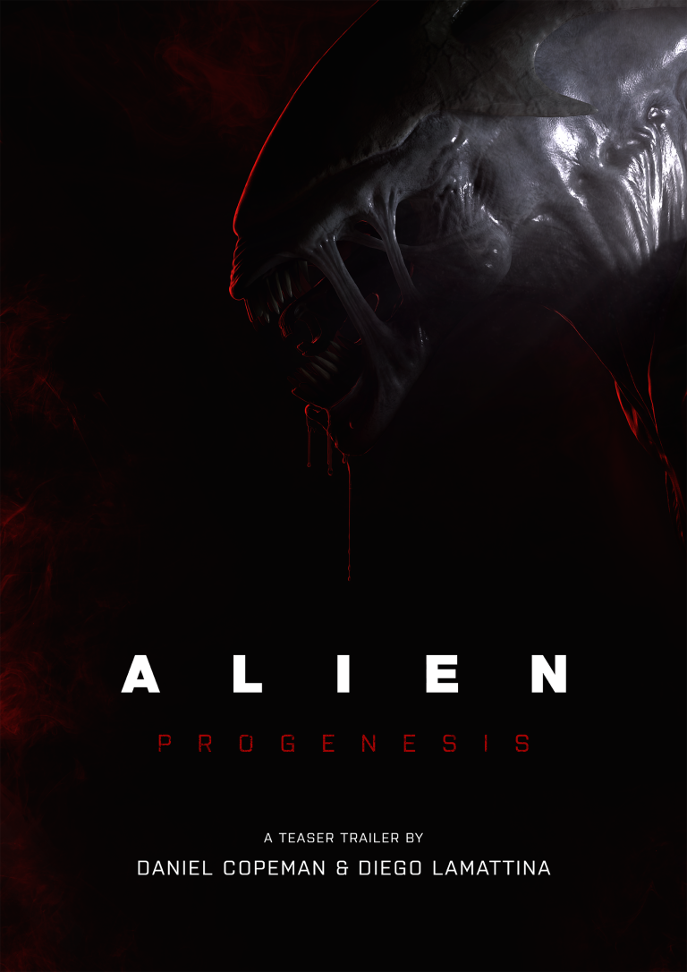 A poster showing an alien creature lurking in the dark, with saliva dripping from its mouth. Red smoke and harsh lighting, with the title ‘ALIEN: PROGENESIS’ along the bottom.