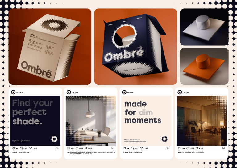 BA Graphic Communication work by Jacob Bryant for Ombre: a brand for an adjustable light switch, featuring the packaging and social media applications using a custom halftone typeface and system.