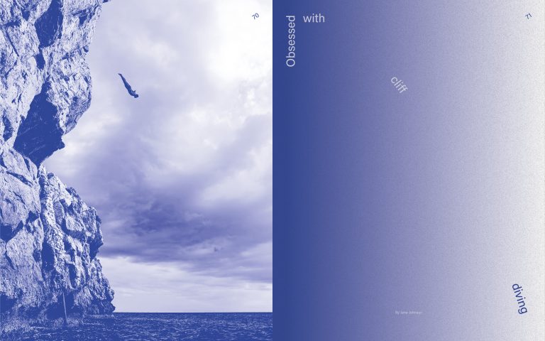 A monochromatic double-page spread featuring a cliff diver mid-air on the left, with dynamic, vertically and diagonally placed text on a blue gradient background on the right.