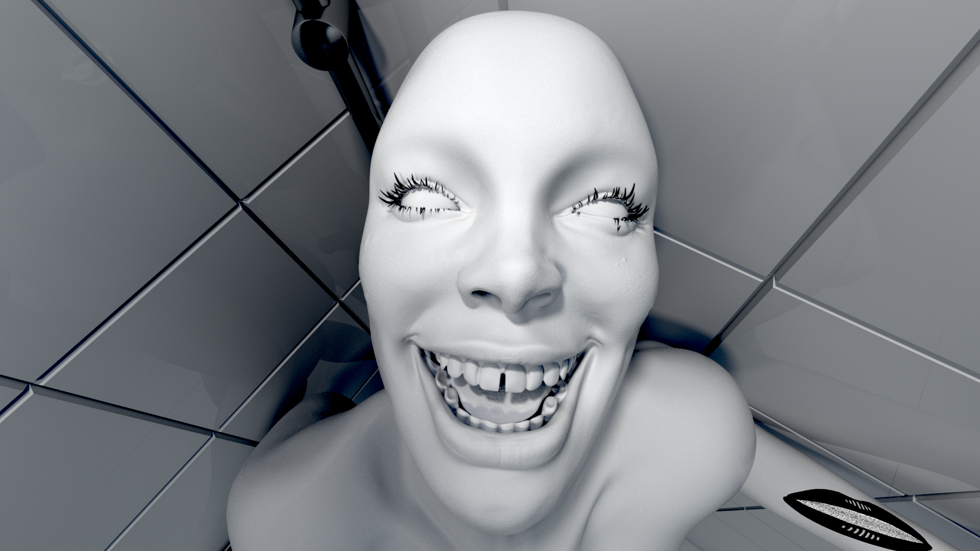 BA Animation and VFX work by Amber Pashley showing a CG scene of a woman in a shower with animated tattoos.