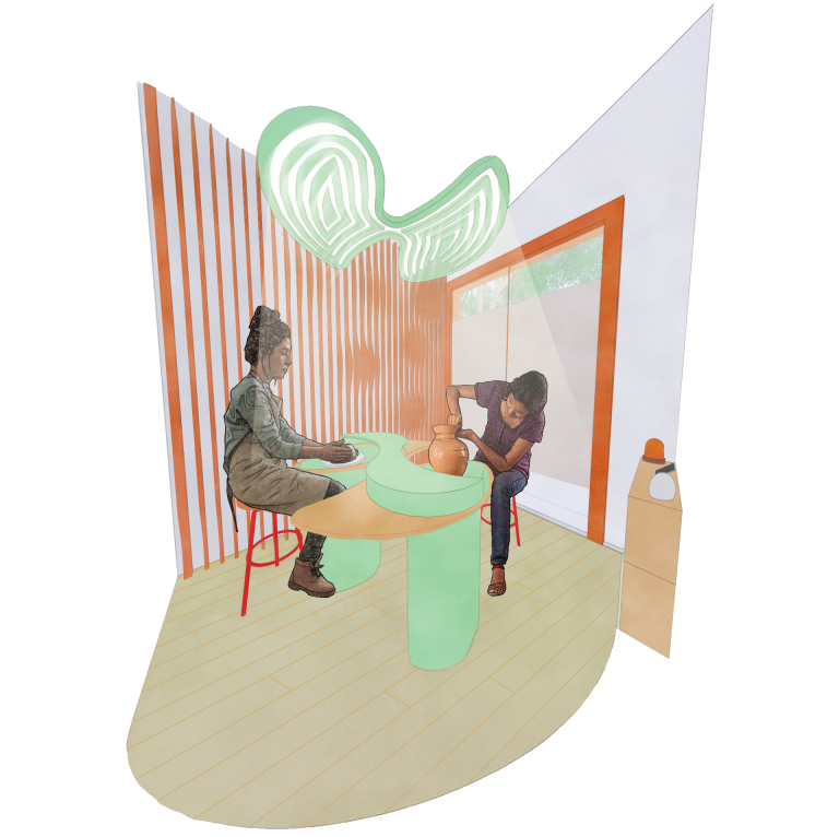 Image of two women at a pottery wheel that is adjoining, the image has a light watercolour quality.