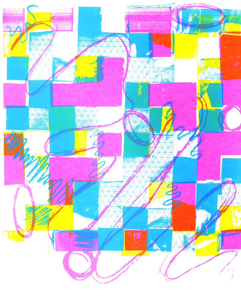 Design for Publishing work by Paige Burrows showing a Geometrical tile pattern made out of individual unique tiles that I screen-printed using three separate layers of tiles.