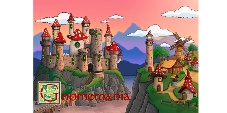 Background art by Aidan Boulton showing a castle with bright red mushroom top roofs on top of the towers.