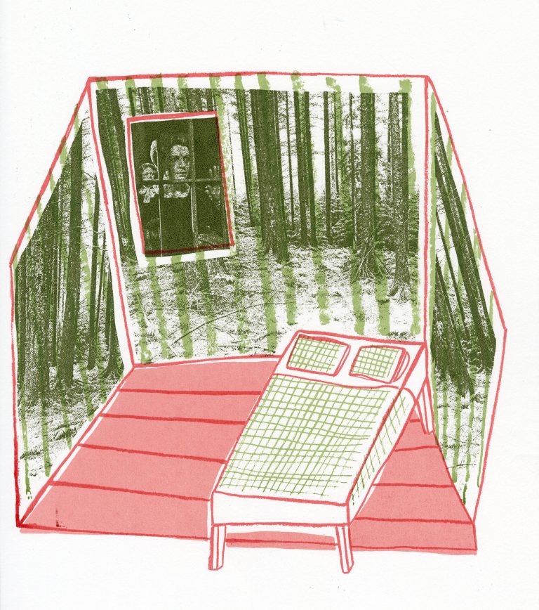 A colourful screen print showing a room with a bed, walls made from a forest, and two women peering through the window.