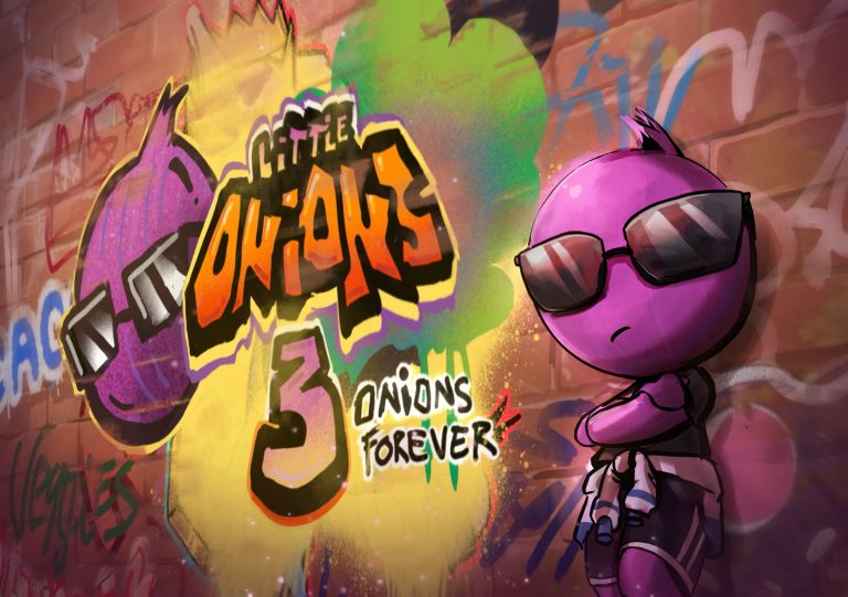 Digital illustration. Little Onion leans against wall, Logo is painted on it which reads ‘Little Onions 3: Onions Forever”