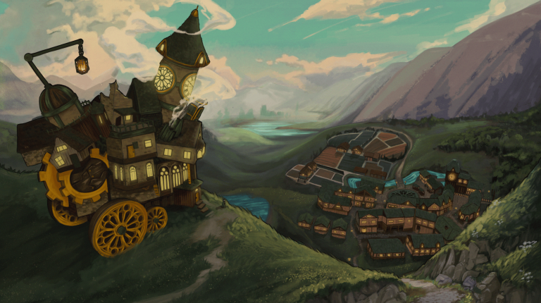 A gothic steampunk Howl’s Moving Castle keyframe showing Sophie’s evolving, chaotic castle contrasting with the confined village Market Chipping, symbolizing her journey from restriction to empowerment and self-discovery.
