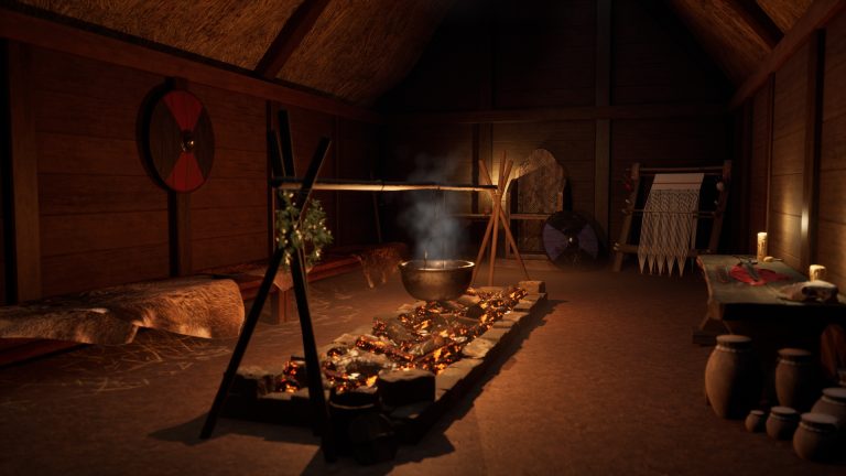 The interior of a Viking longhouse, a dark and smoky atmosphere with items decorating the scene.