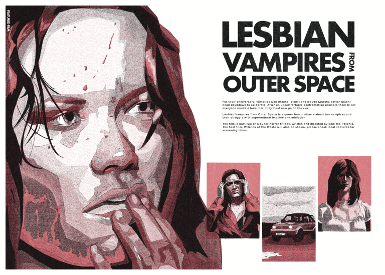 Digital double page newspaper spread by Dan Atkinson. Work features a close up illustration of a female vampire on the left, and text to the right. Colour palette is red and black.