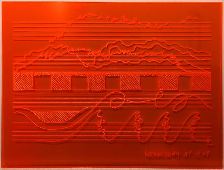 MA Fine Art work by Freya Parfitt showing a bright orange acrylic sheet, with a score laser cut into the surface.