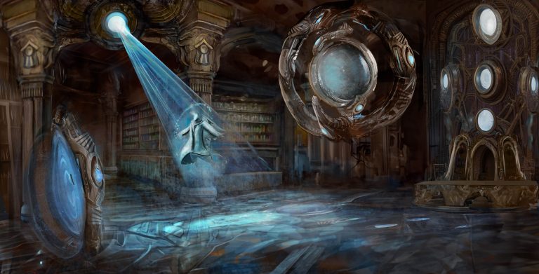 Digital Concept art by Benjamin Southgate showing a steampunk cross scifi Laboratory