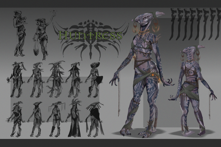 Games art and Design work by Abigail Lewin showing an alien character concept sheet.
