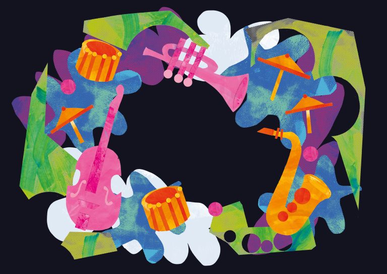 Collage by Lily Turner showing colourful cut outs of instruments and shapes.