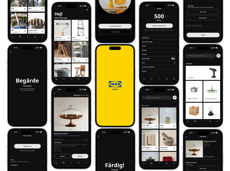 User Experience Design work by Holly Tyrtania showing a peer to peer borrowing and lending app with IKEA rewards.