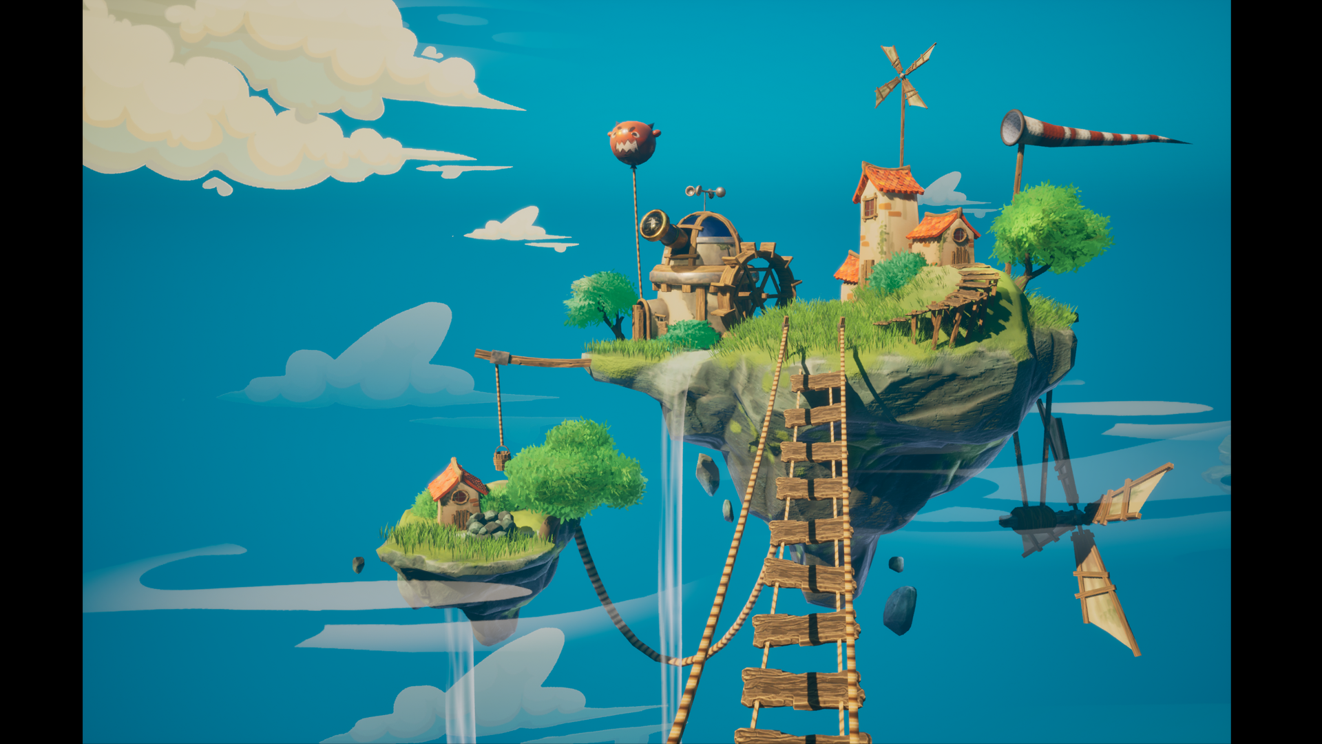 Video by Kit Clarke showing spinning turbines and mist moving around the island in the game environment