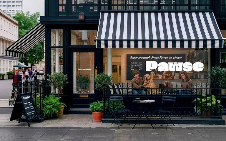 The image shows a digital mockup of the storefront for Pawse, a dog-friendly cafe situated on a clean, urban street.