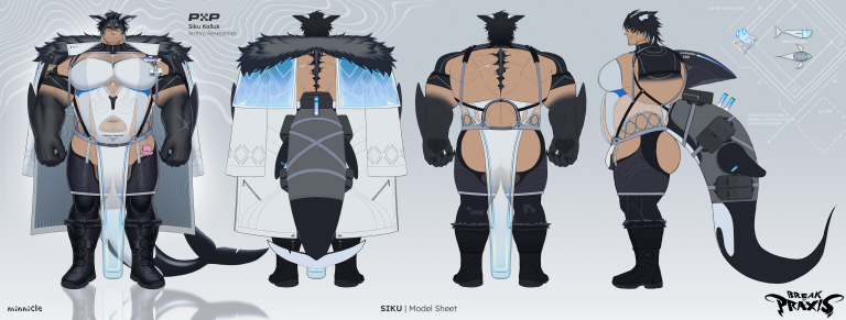 BA Games Art & Design work by Neo Barrun showing a character turnaround sheet of a Wolf-Orca kemonomimi-style man with a large, muscular frame & avant-garde outfit design.