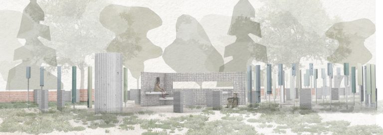 Rendered perspective by Katie Gardiner showing a private reflection space in the graveyard where a women is sat on a seat looking at the gabion memory wall.