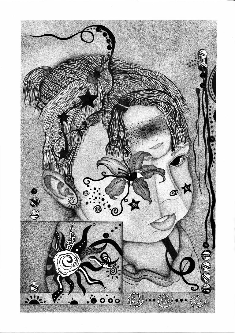 A pointillist drawing by Alantis Shepherd layering a childhood and older photograph of the same person, with swirling patterns and motifs throughout the composition.