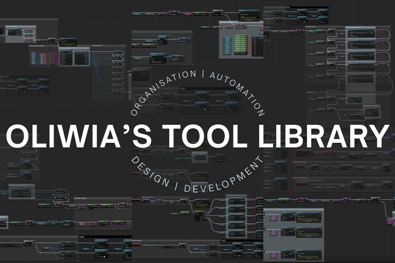 Promotional thumbnail for Oliwia’s Tool Library project for BA Games Art and Design showing the library overlaid on a node graph background created by Oliwia Jakubiak