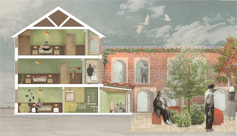 Section Interior of memory care wing, and courtyard view in collage style.