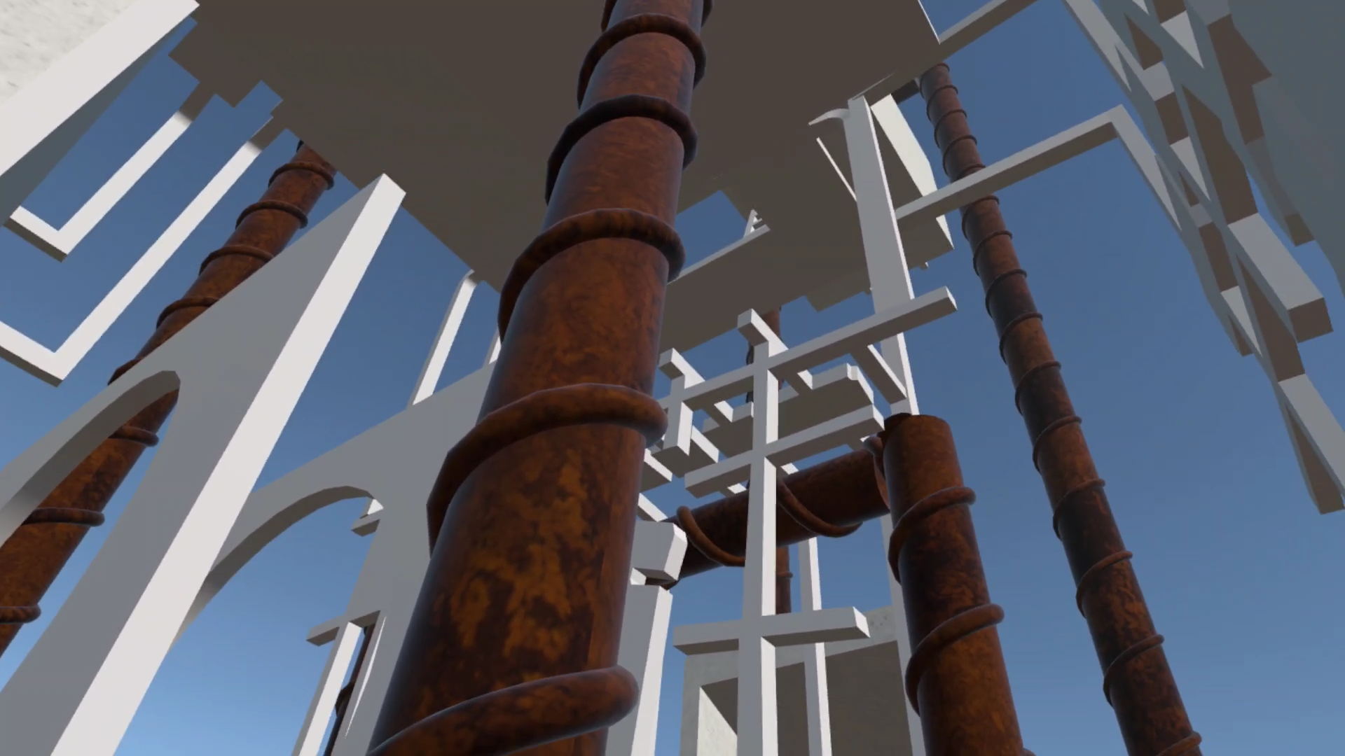 First-person view moving through a pale architectural VR environment with tall forms, shadows, and oceanic sound, navigated through teleportation movement.