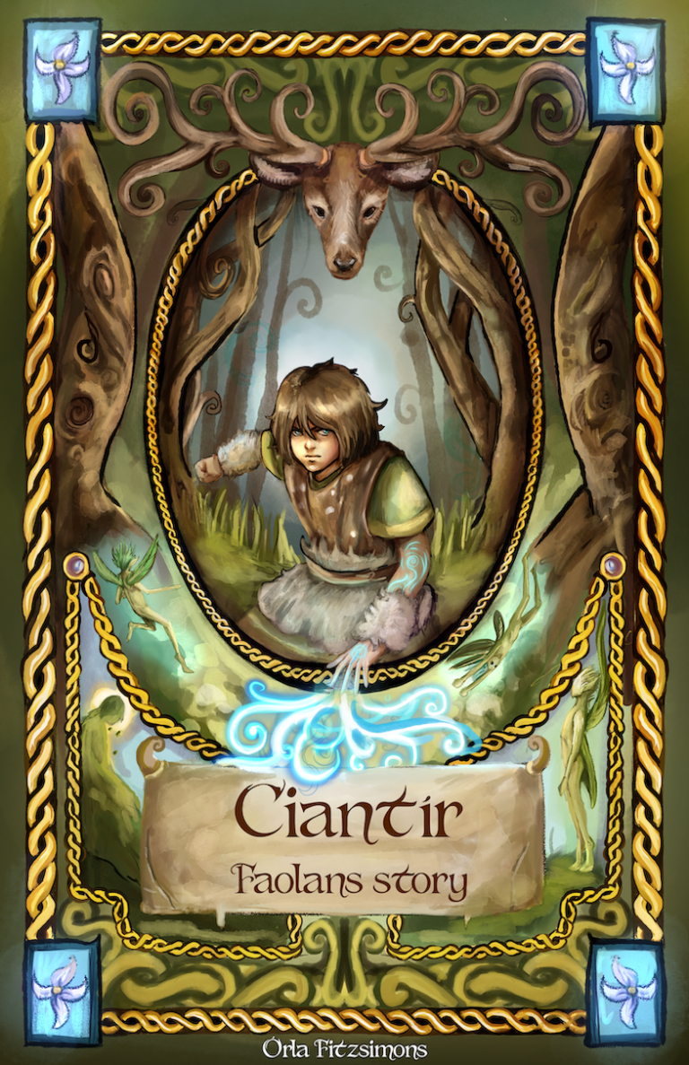 Illustration of the stories cover. Faolan is centered and surrounded by Irish knot work, forestry and pixies