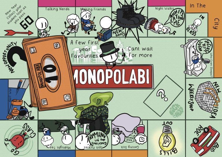Game Board style scattered illustration, depicting characters doing different activities.