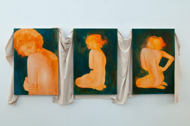 'In My Keeping' is a triptych, displaying three vibrant orange figures on a deep teal background, the left one cropped closely and the other two surrounded by empty space.