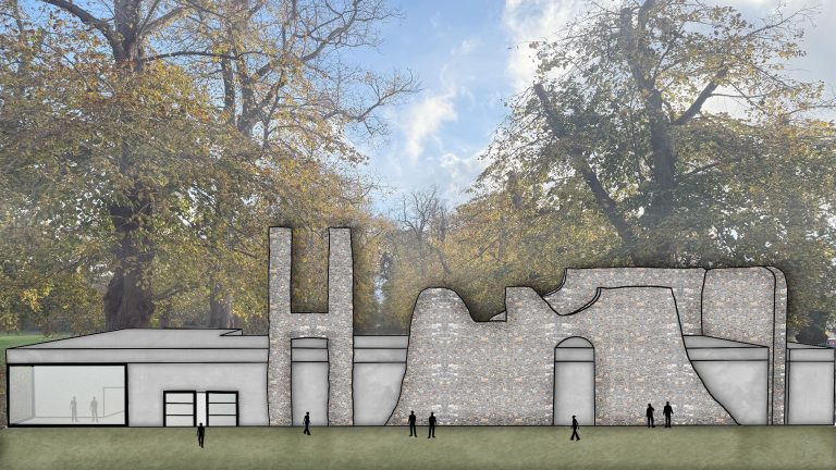 Interior design work by Isabelle Baker. This is a rendered perspective of the front entrance showing the relationship between the existing ruins and the new concrete structure within the surrounding landscape.