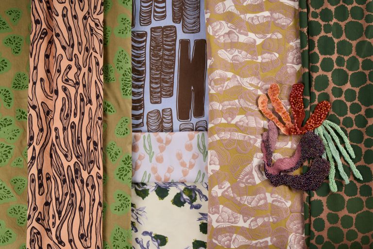 Textile collection by Charlotte Bourgeois showing prints inspired by life surrounding bodies of water